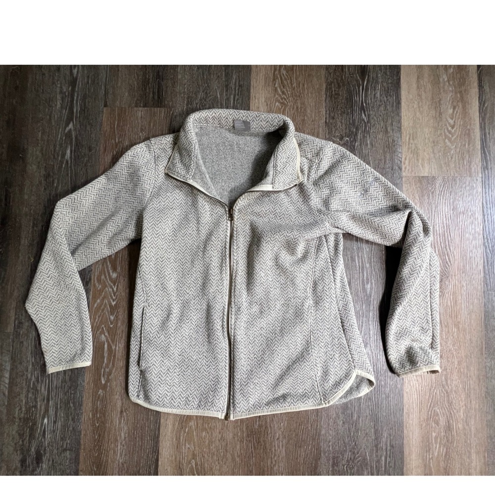 Columbia Fleece Jacket Womens Large Grey Herringbone Full Zip Mock Neck Sweater